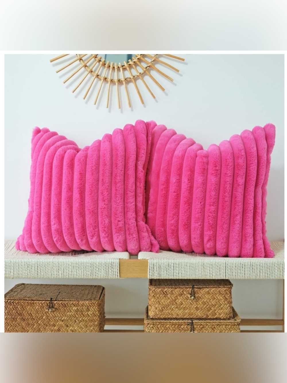 Hot Pink Fluffy Faux Fur Throw Pillow Covers SQUARE 20x20” (2-pack)